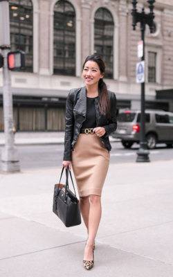 Woman in light beige pencil skirt and blazer - 50 best pencil skirts
