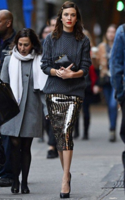 Alexa Chung wearing silver sequined pencil skirt and sweater