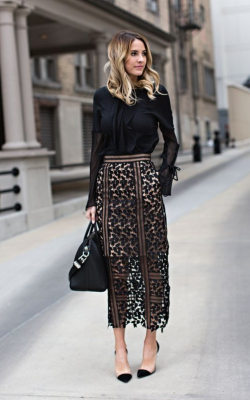 Model in lace black pencil skirt and jumper