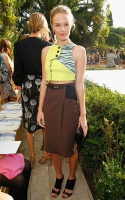 Kate Bosworth in brown pencil skirt and yellow and black top