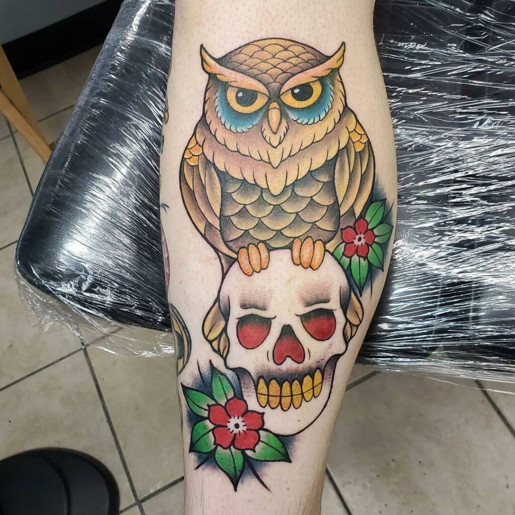 Colorful Leg Tattoo Ideas With Owl skulls