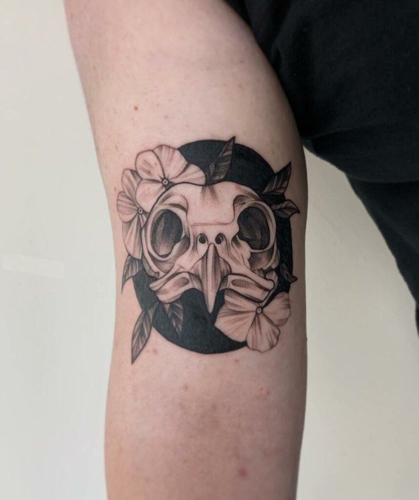 Black and Grey Neo-Traditional Owl Skull Tattoo