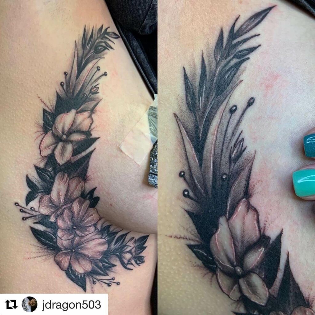 Flower And Leaf Side Boob Tattoo