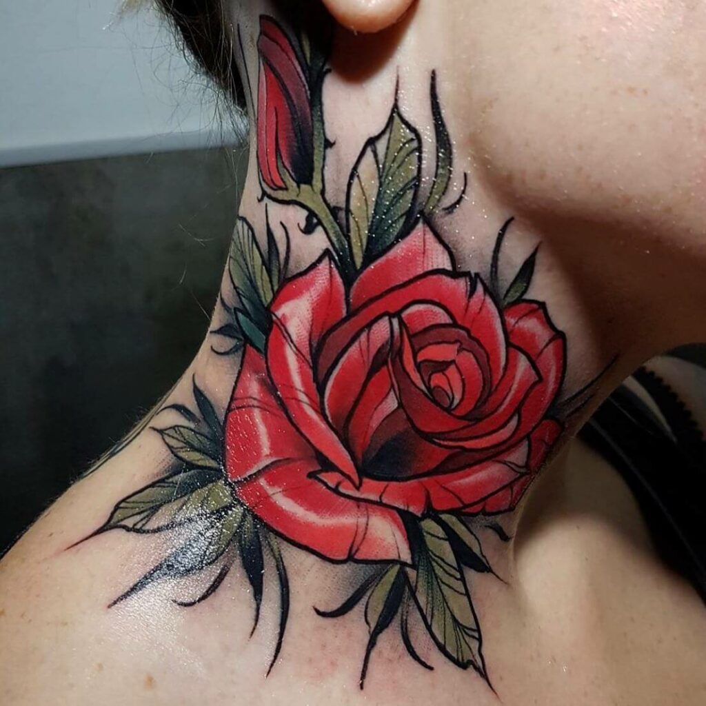 Neo Traditional Rose Neck Tattoo