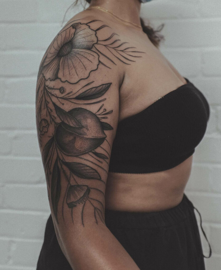 Peach Fruit Flower Sleeve Tattoo Idea
