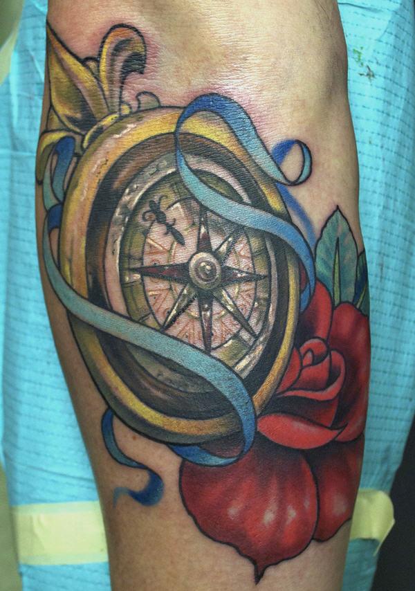 Colorful Compass Tattoo With Rose