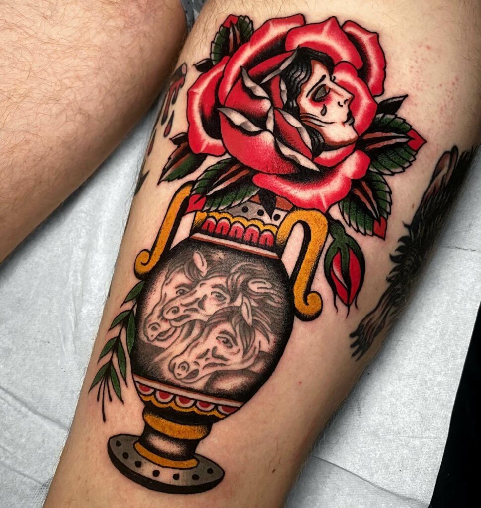 Conventional Vase Tattoo with Pharaoh's Horse and Crying Face