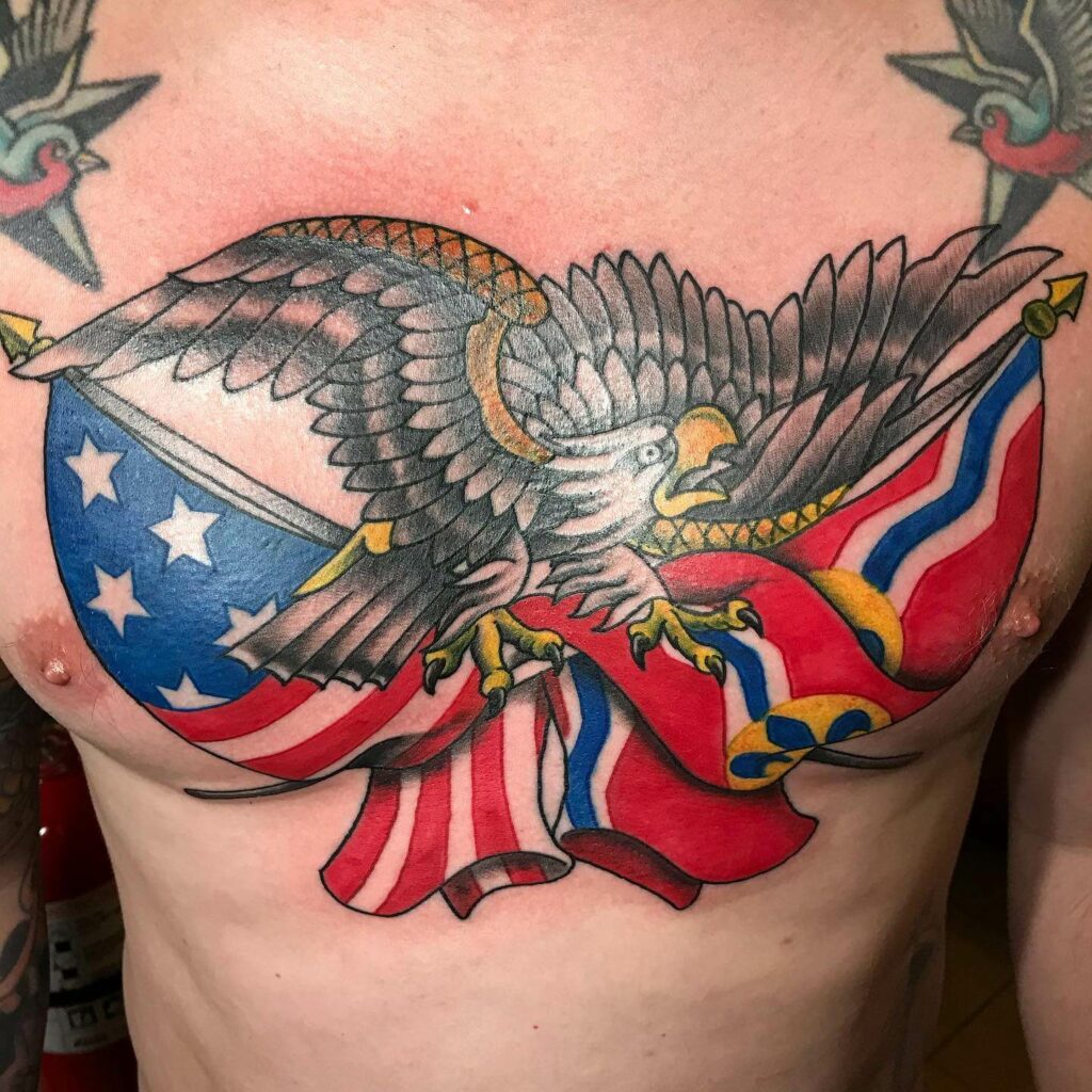 Eagle Flying With The American Flag Tattoo