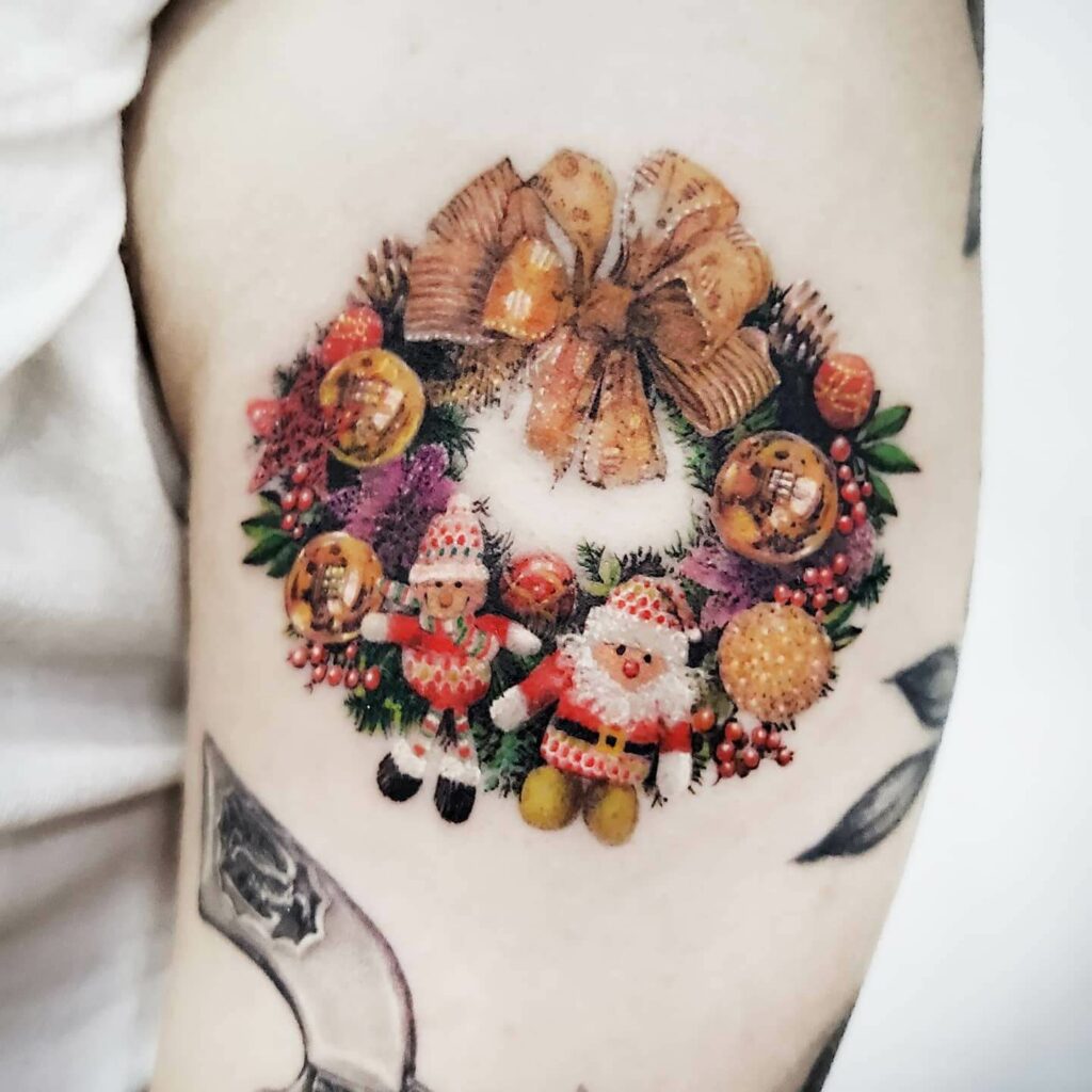 Realistic Charming Christmas Wreath Tattoo With Santa Claus