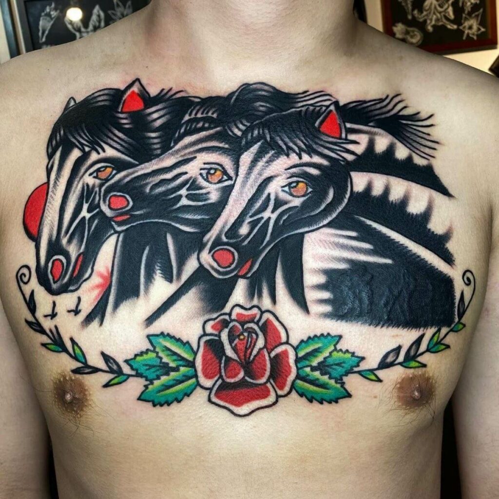 Traditional Horse Flash Tattoo With Rose