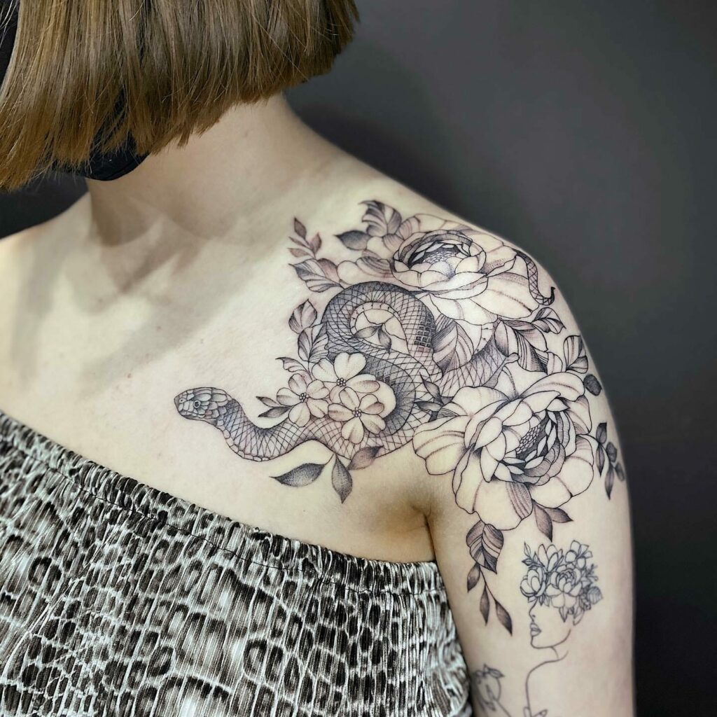 Floral Snake Blackwork Stencil Tattoo