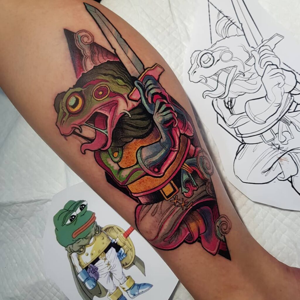 Update on my Chrono Trigger leg sleeve Busted out the logo on the kneecap  Tattooed by Andrew Douglas at Neon Dragon in Cedar Rapids IA  r chronotrigger