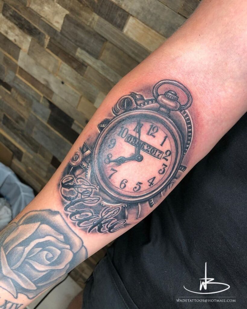 Shannon M Watercolor Tattoos on Instagram Fun pocket watch tattoo with  her kids birth time date and flowers Add some wild flowers to your arm  or leg today email me