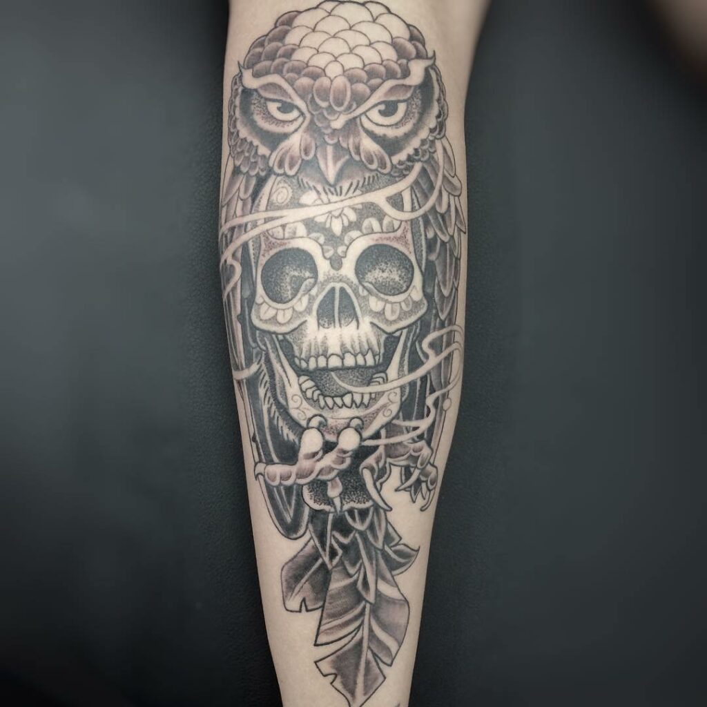 Cool Owl And Sugar Skull Tattoo Ideas