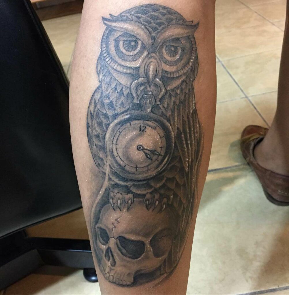 Winged Owl and Skull Tattoos With Clock