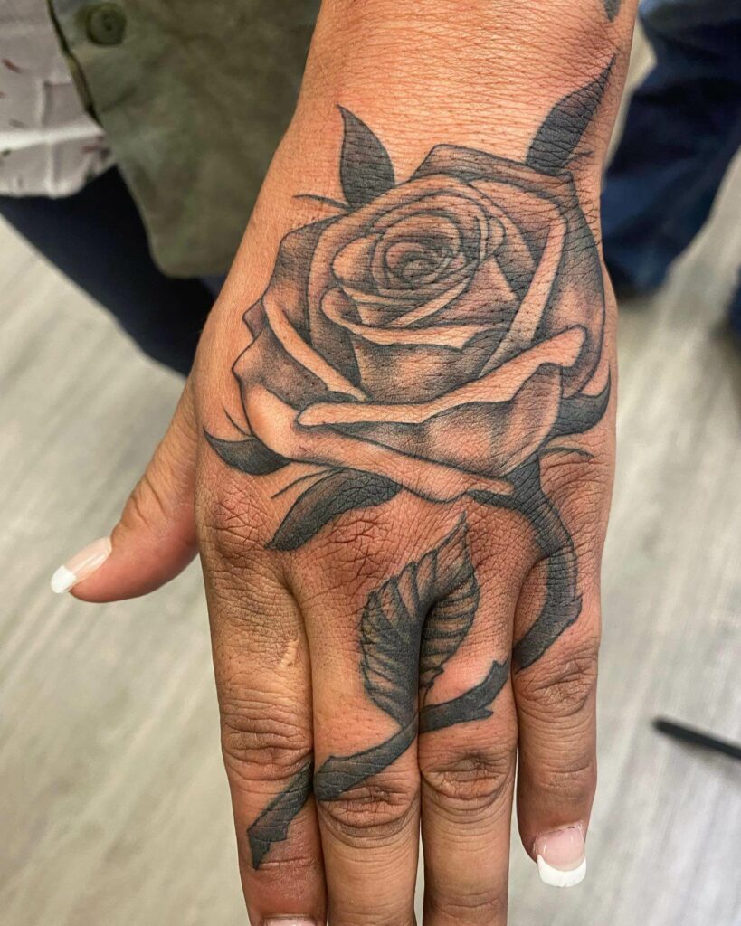  Beautiful Black On Hand Rose Tattoo For Male
