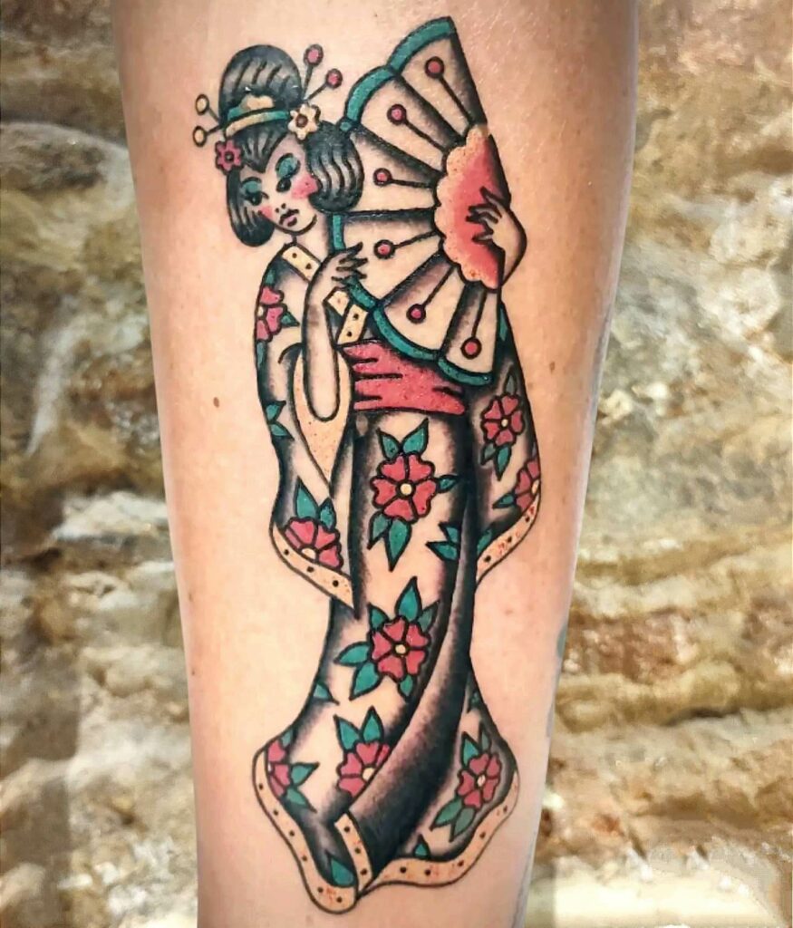  Traditional Colorful Geisha Tattoo Sketch With Kimono