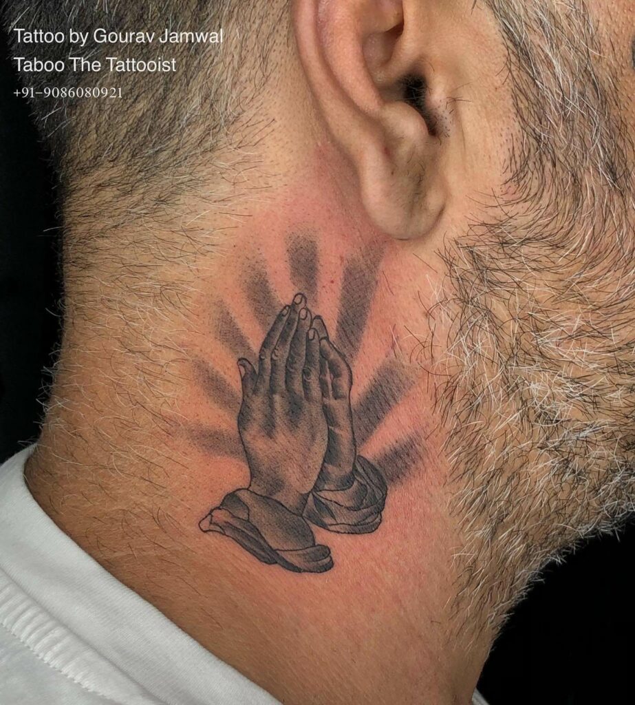 Praying Hands Blessed Tattoo On Neck