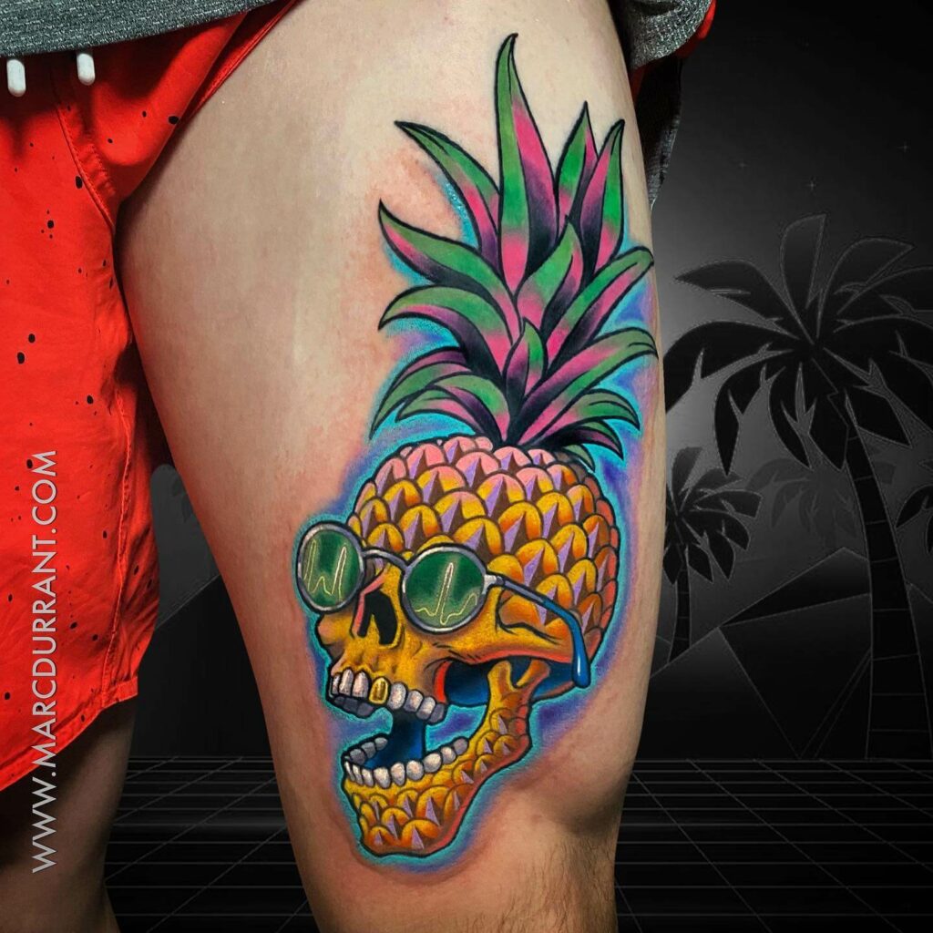 Colorful Skull-Shaped Pineapple Tattoo