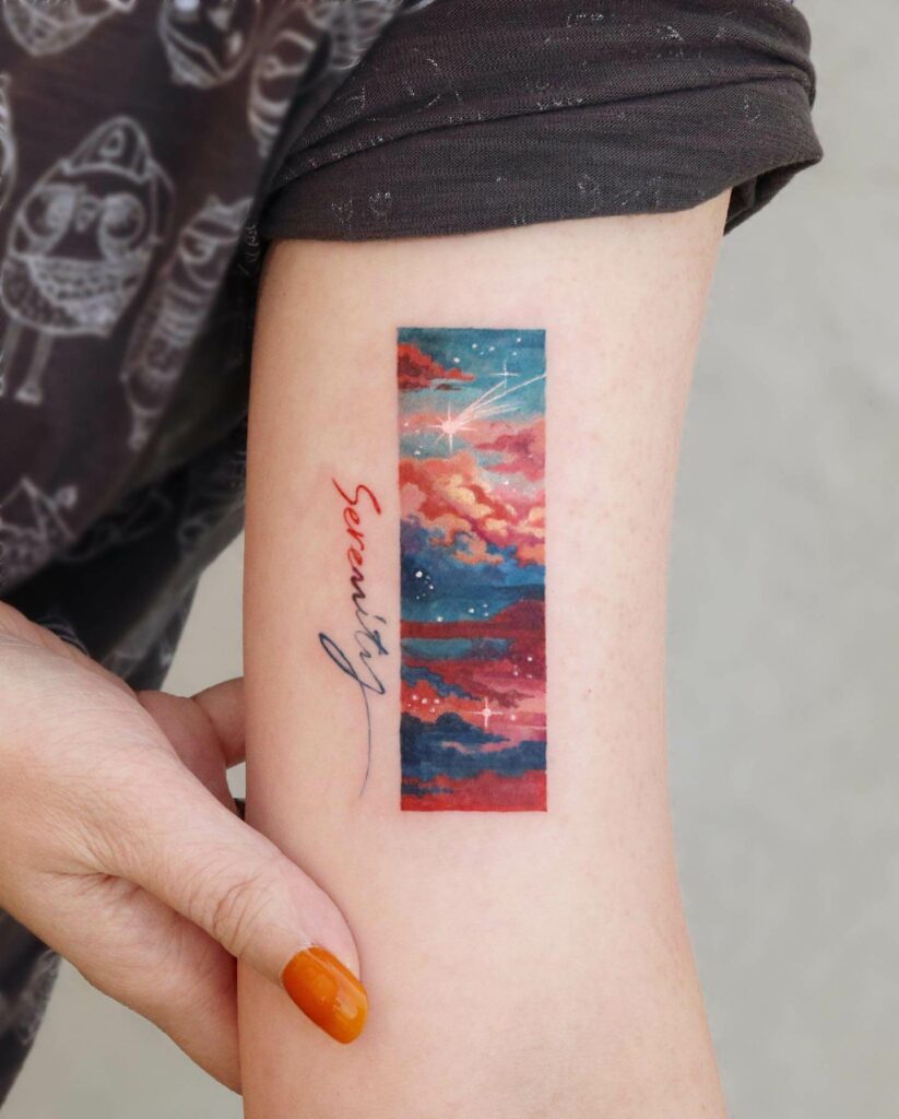 Colorful Clouds Tattoo With Sparking Stars