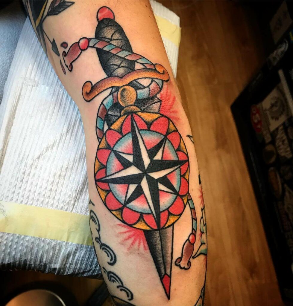 Dagger And Compass Elbow Tattoo Ideas
