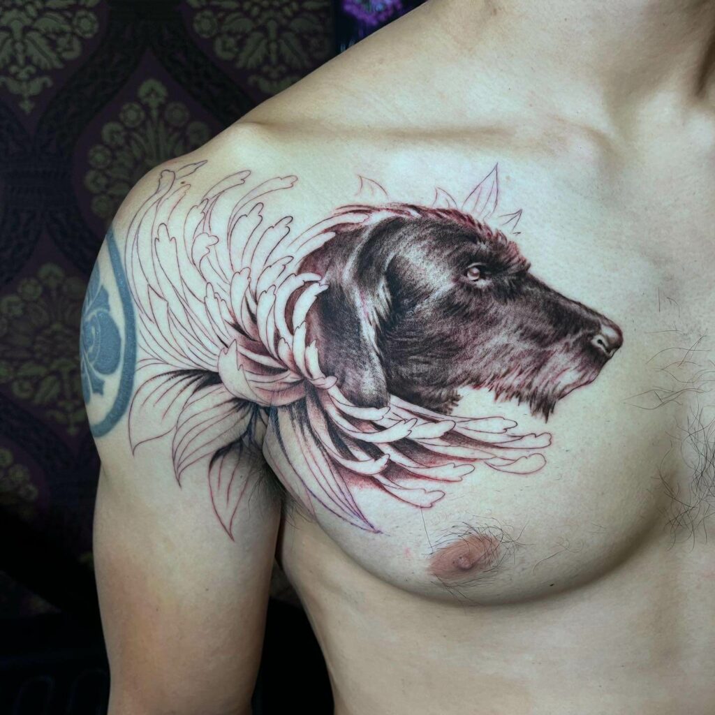 German Shorthaired Pointer Dog Tattoo With Flower On Chest
