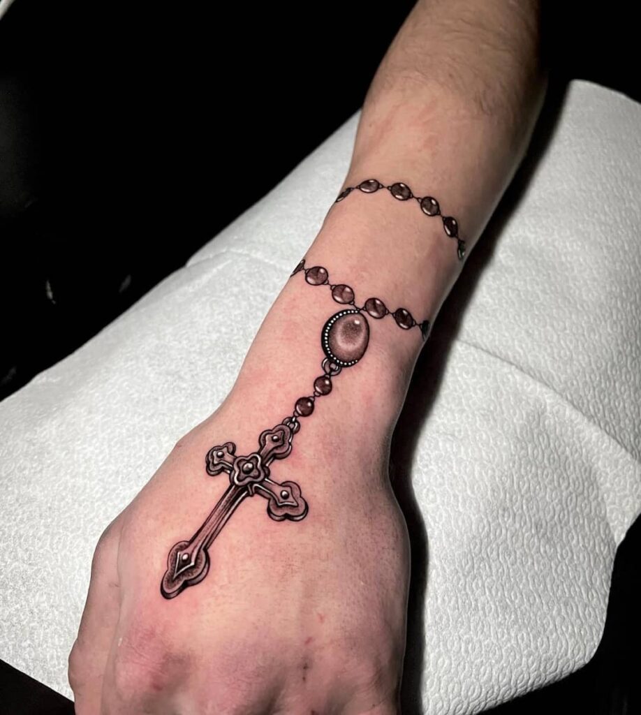 Wrist Beautiful Cross Tattoo With Rosary