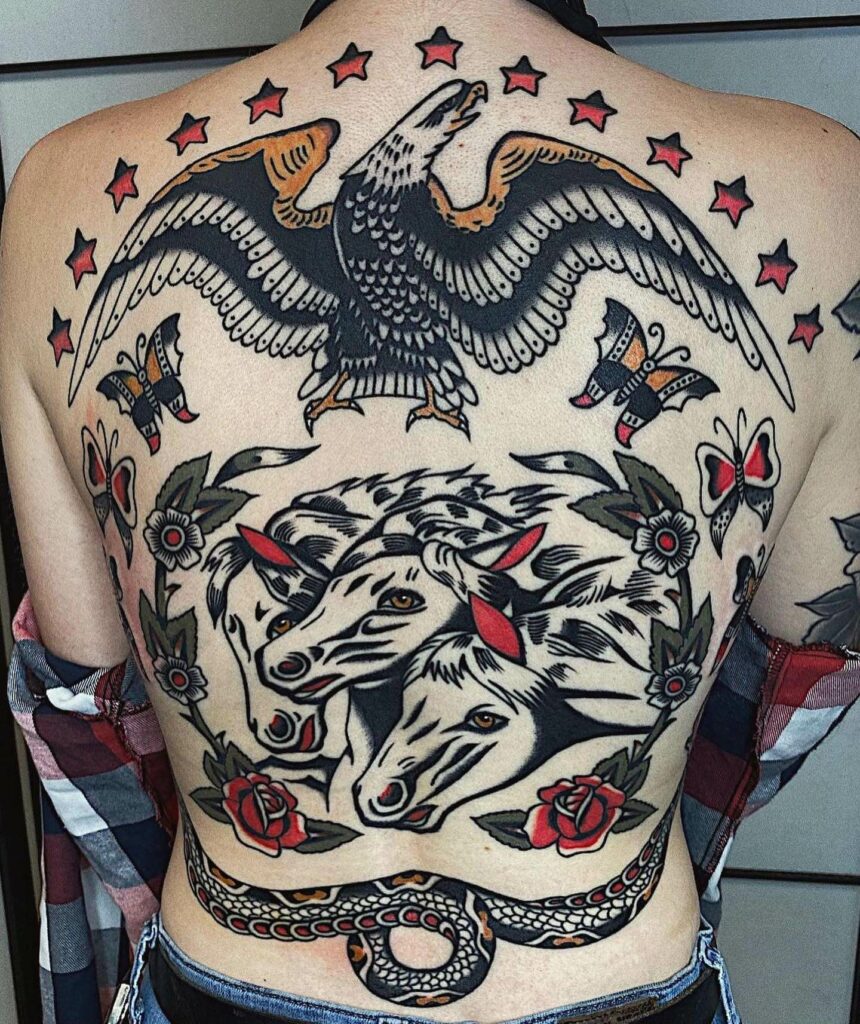 Back Tattoo With Triple Horses And Eagle