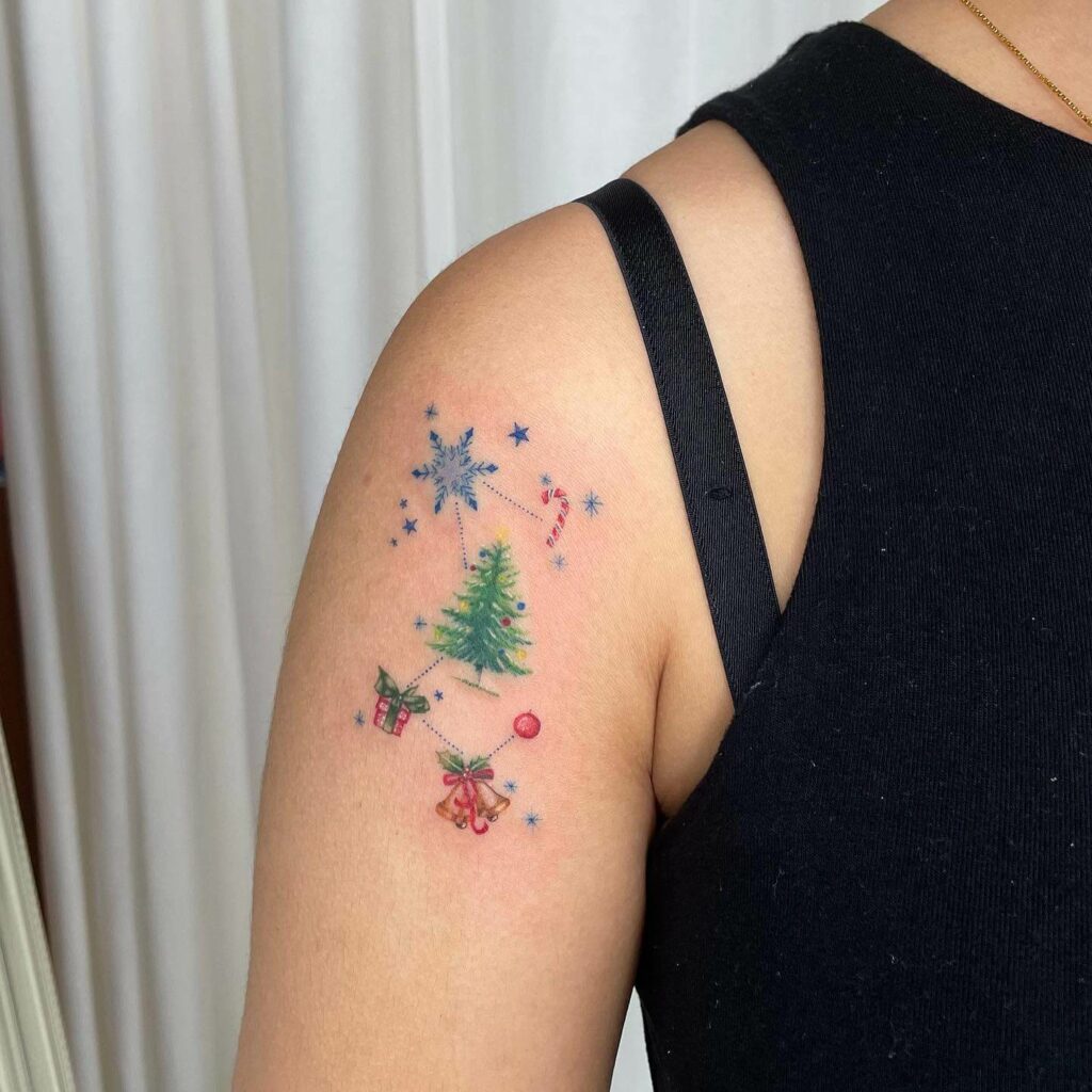 Christmas Tree Tattoo Design With Candy Cane And Snowflakes