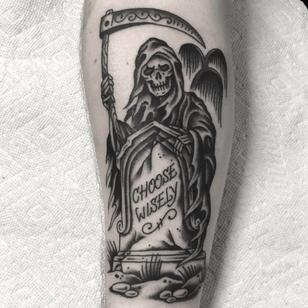 Death Grim Reaper Tattoo Stencil With Grave