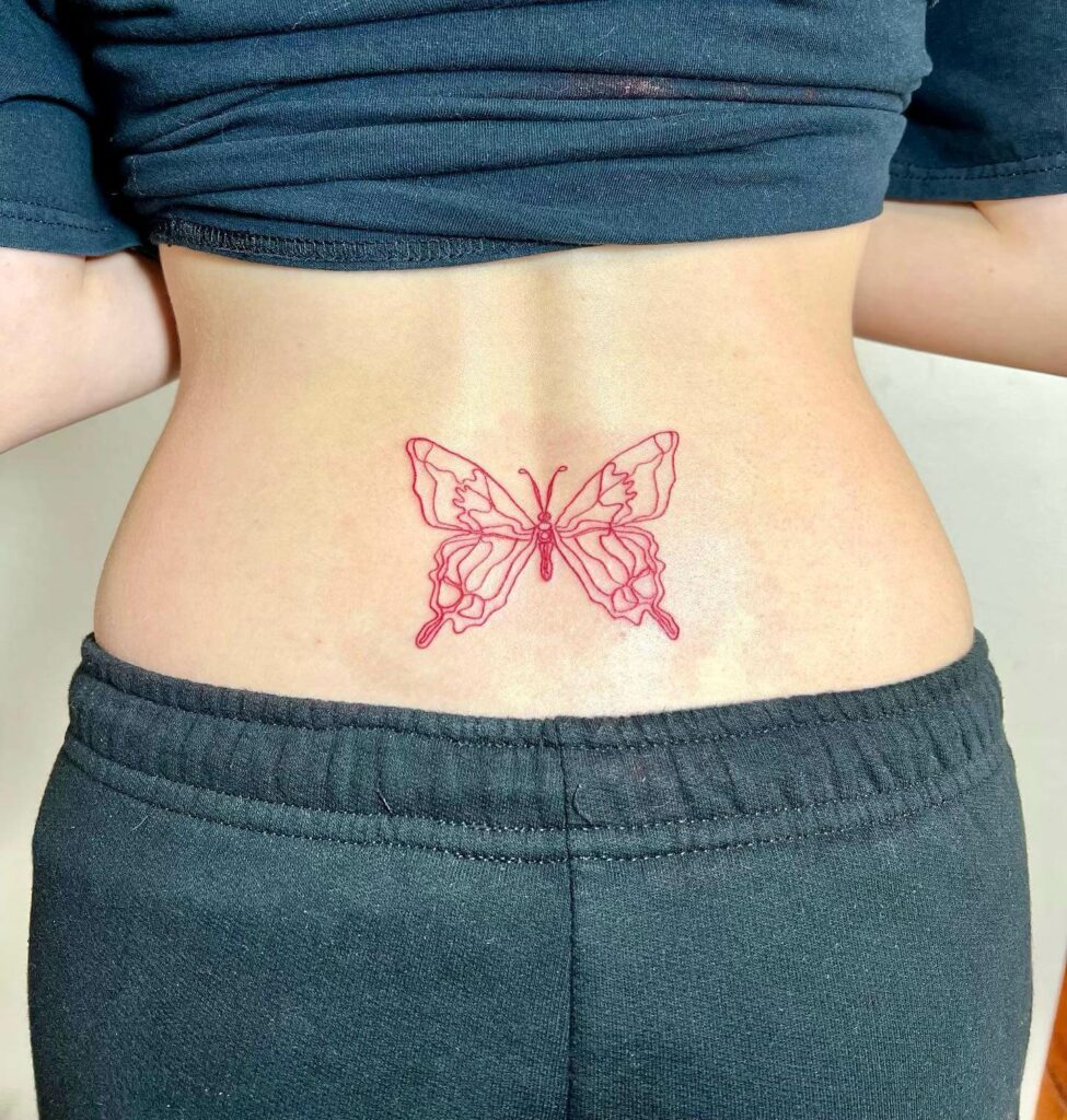 Red Color Butterfly Hip Tattoo
