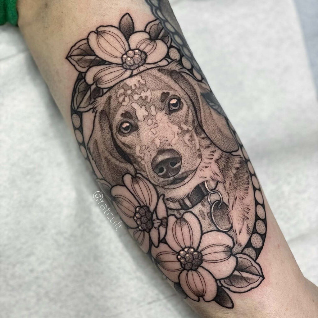 Floral Pet Portrait Dachshund Tattoo