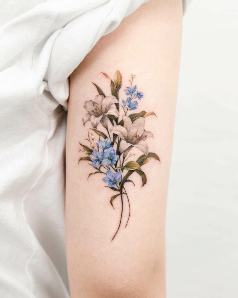 Delphinium And Lily Bouquet Tattoo