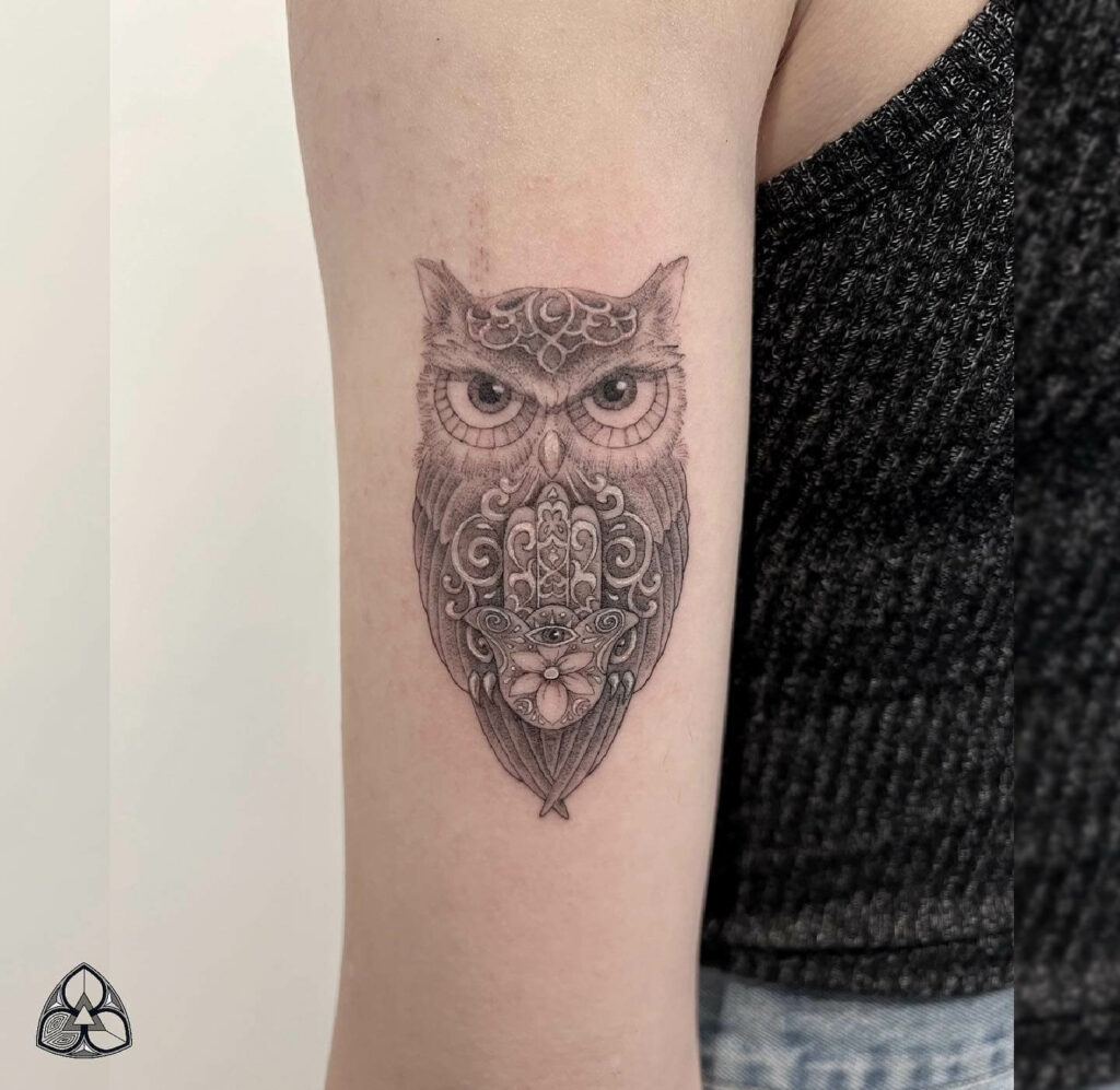 Small Hamsa With An Owl Tattoo