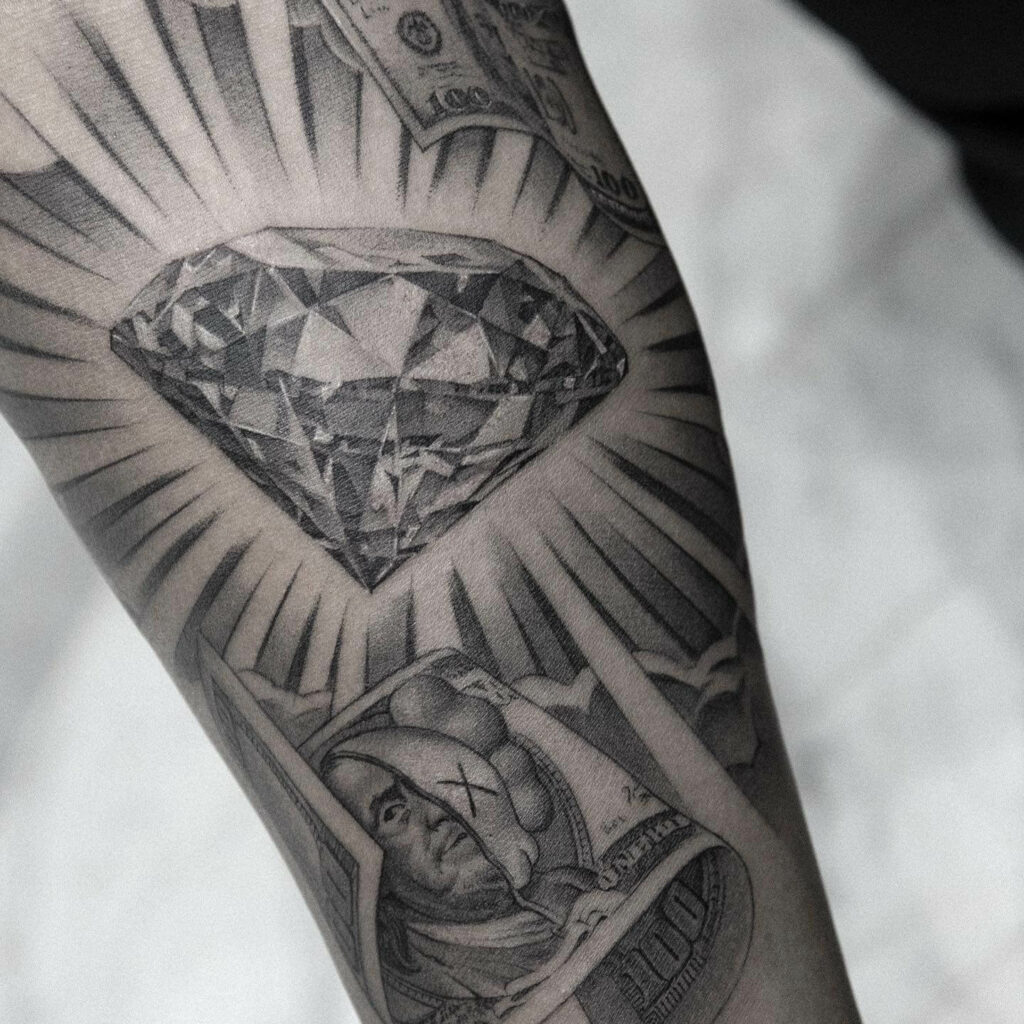 Black & Grey Dollar-themed Crystal Diamond Hand Tattoo Design