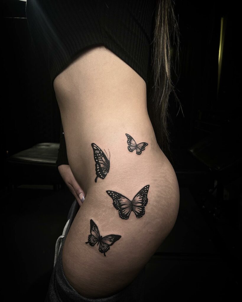 Multiple Butterfly On Hip Tattoo