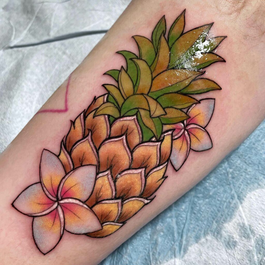 Realistic Pineapple Tattoo With Flowers