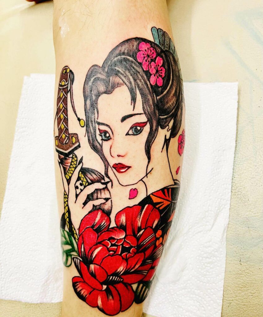  Colorful Geisha Tattoo Sketch With Flowers