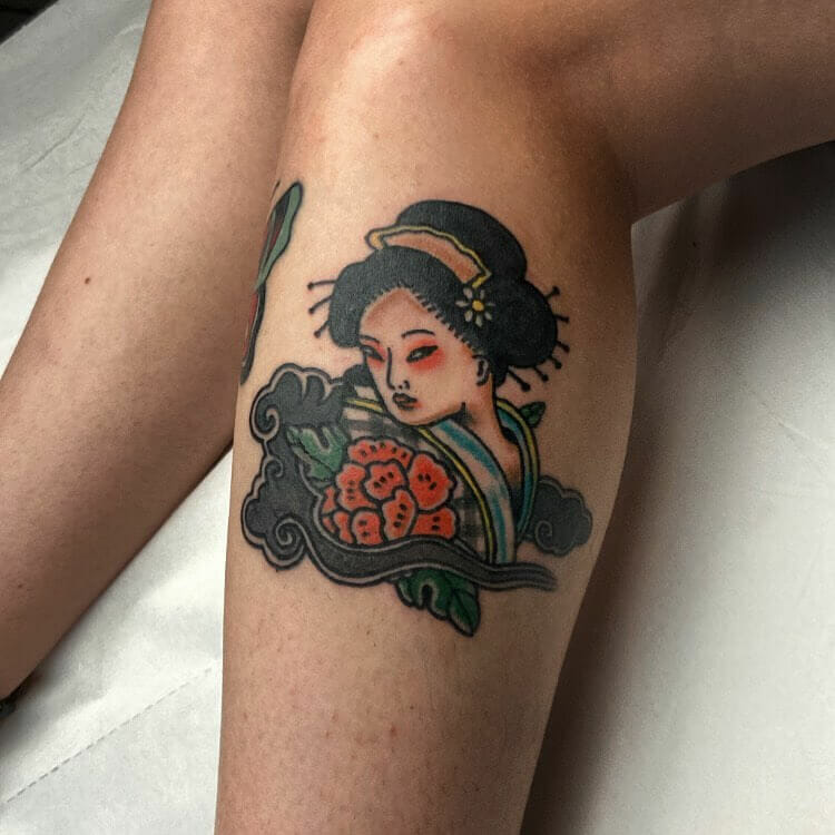 Colorful Geisha Tattoo Sketch With Flowers