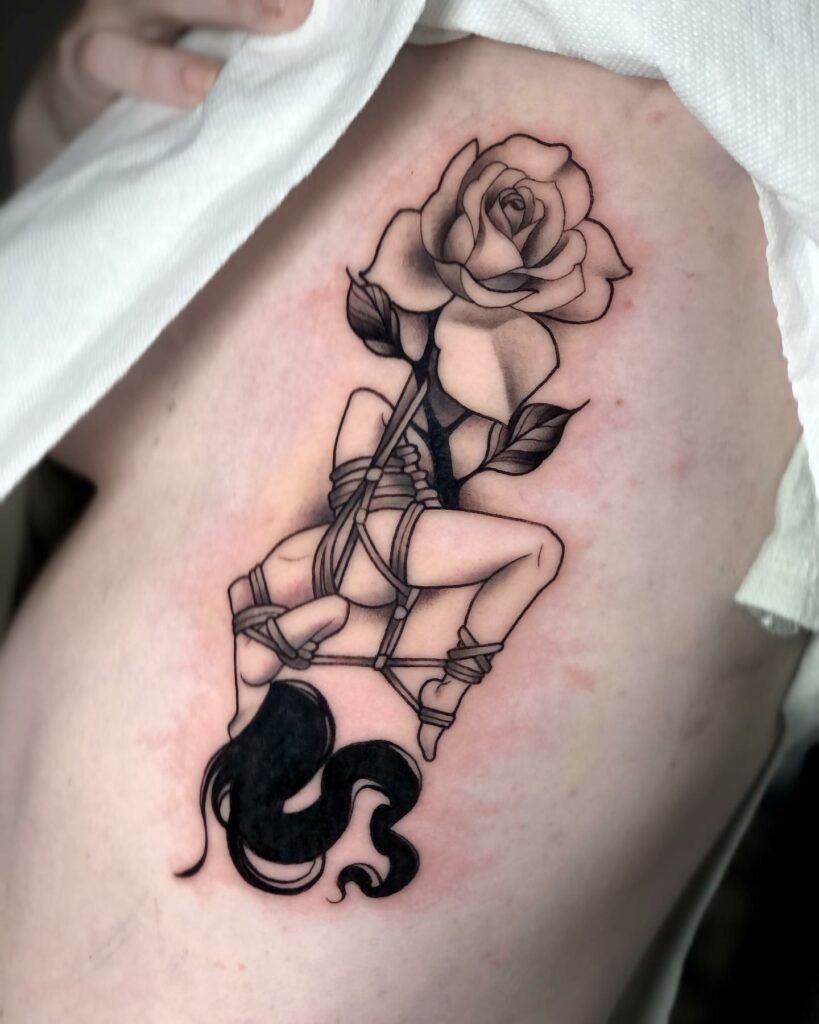 Rose And Rope Girl Hip Tattoo