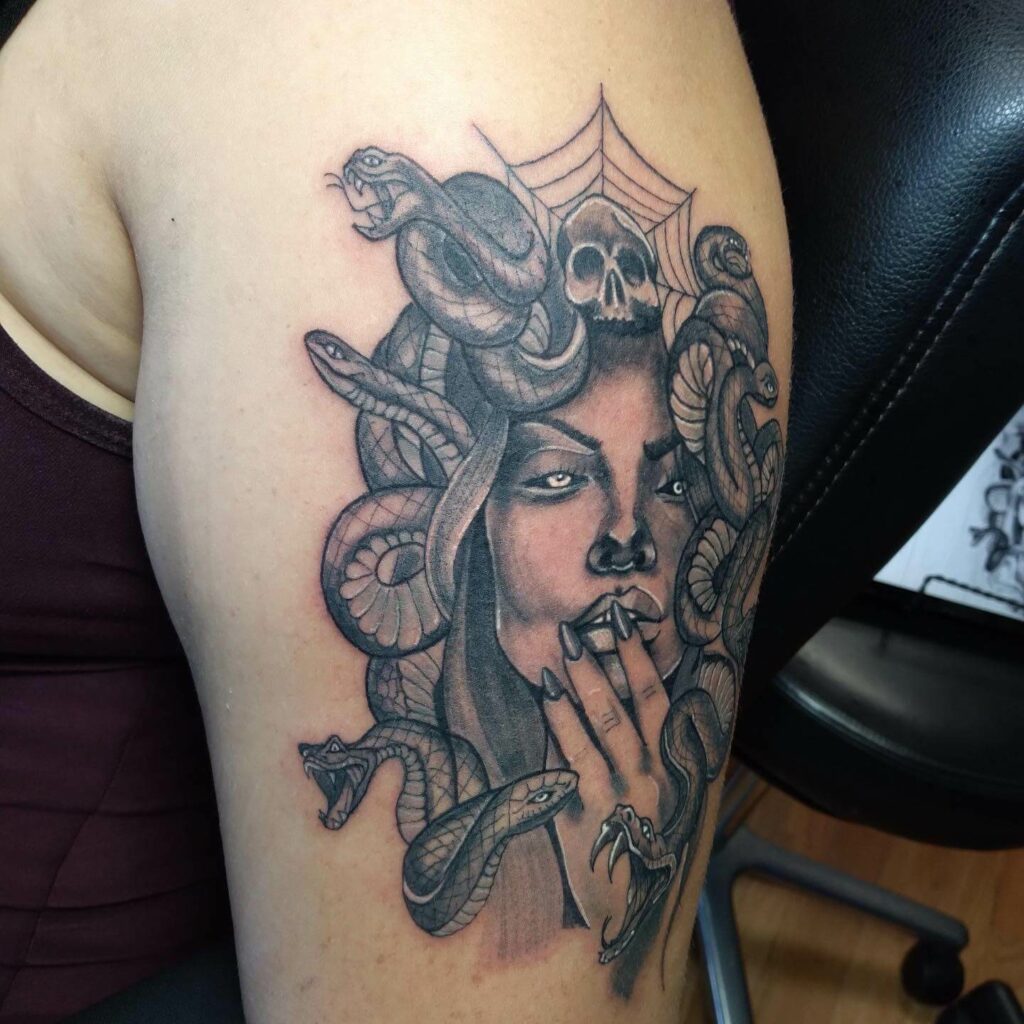 Traditional Medusa Stencil Tattoo On Shoulder