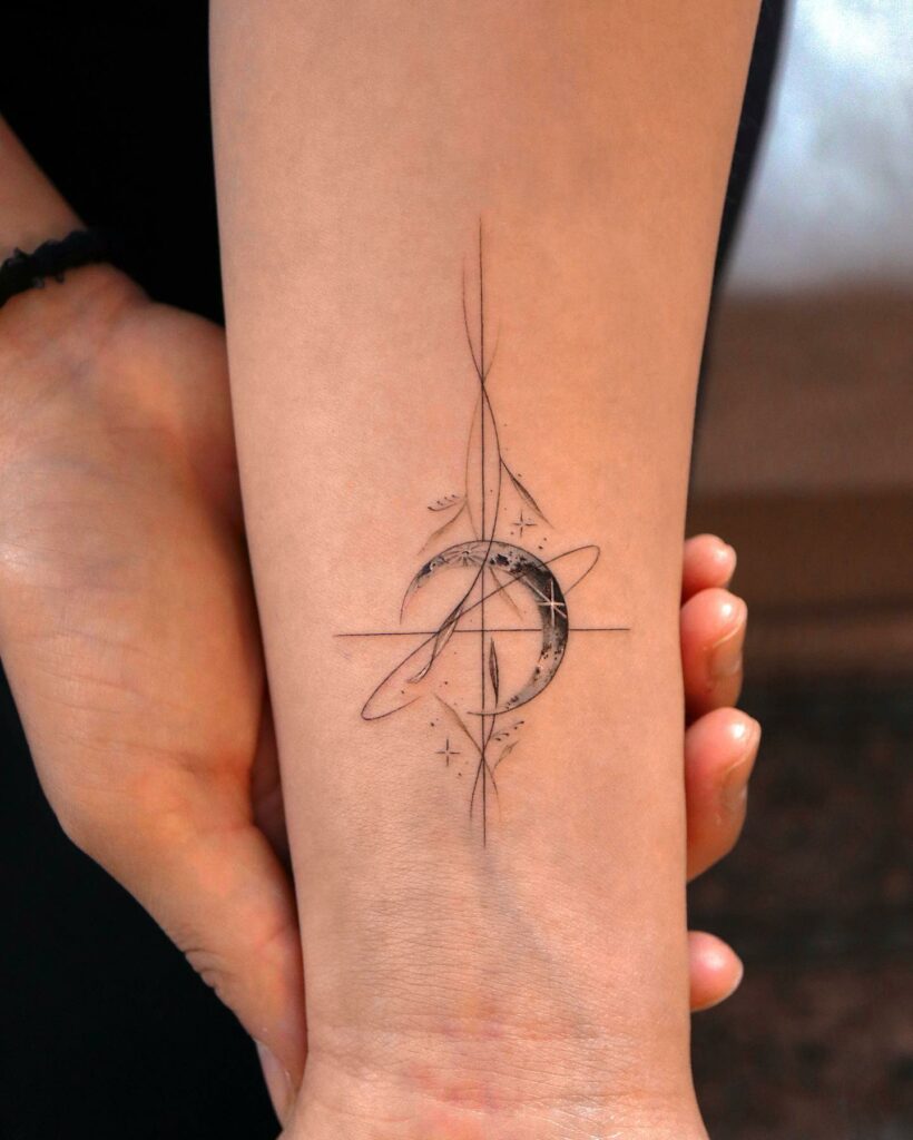Wrist Black Cross Tattoo With Moon