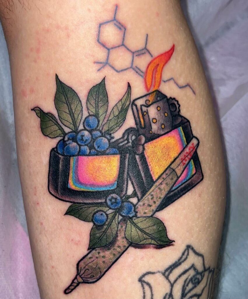 Colorful Blunt And Lighter Tattoo