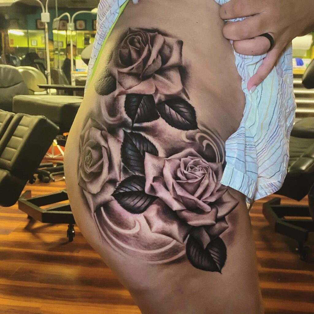 Realistic Rose On Hip Coverup Tattoo