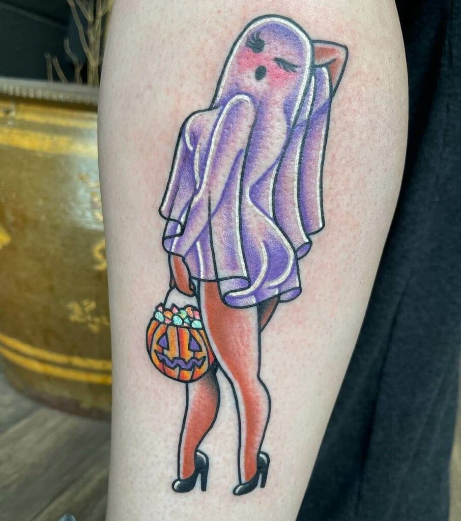 Funny Ghost And Jack 'O Lantern Halloween Tattoo