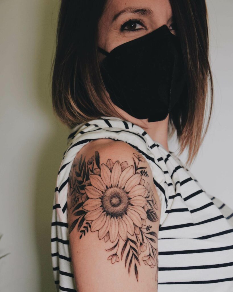Fine Line Sunflower Tattoo On Shoulder