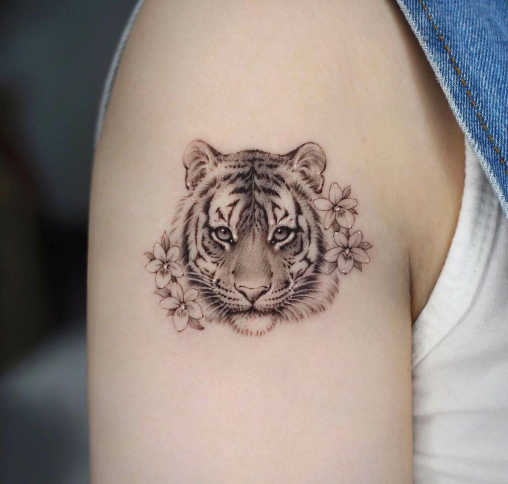 Floral Minimal Realistic Tiger Tattoo