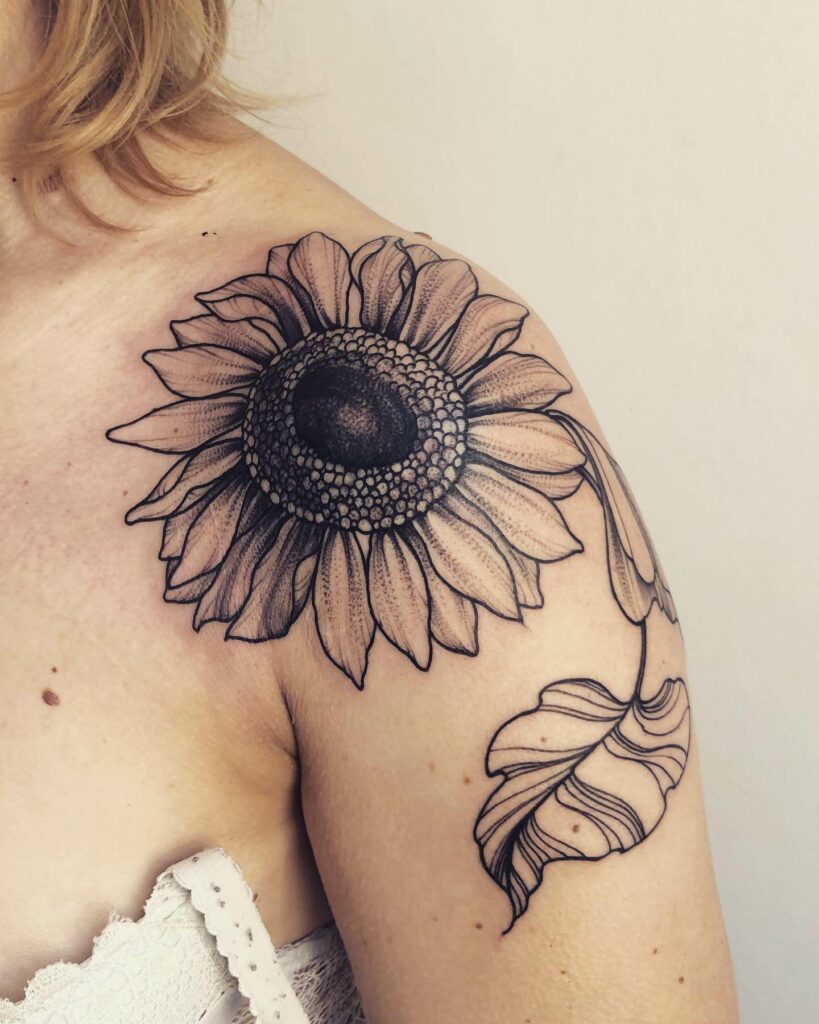 Beautiful Black Work Sunflower Shoulder Tattoo