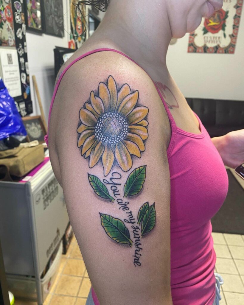 Artistic And Colorful Sunflower Tattoo On Shoulder