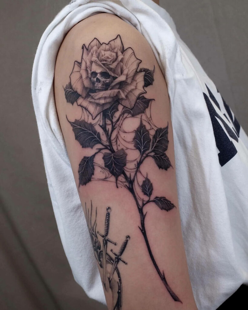 Skull X Rose Tattoo With Thorns